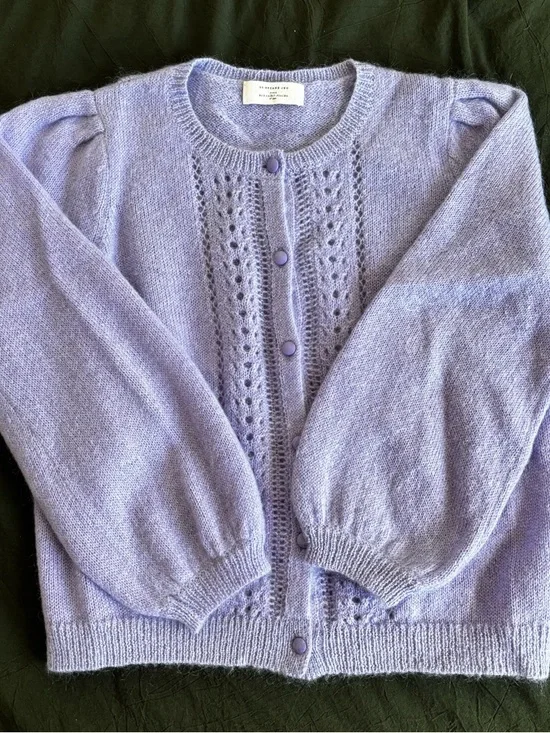 Sezane Lavender Égide Cardigan Puff-Sleeve Eyelet Knit Cardigan - Picture 1 of 5